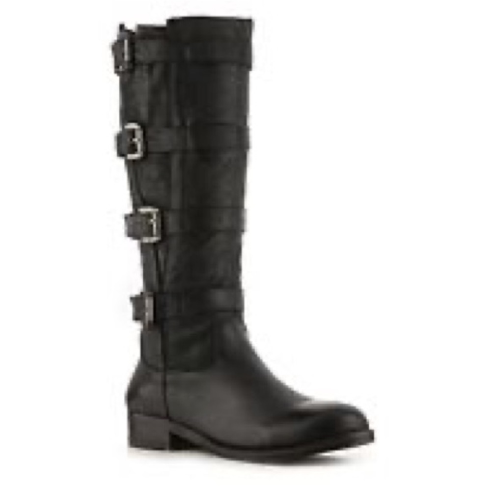 Two Lips Black Leather TwoCities Belted Riding Boots, Women’s Size 5.5
